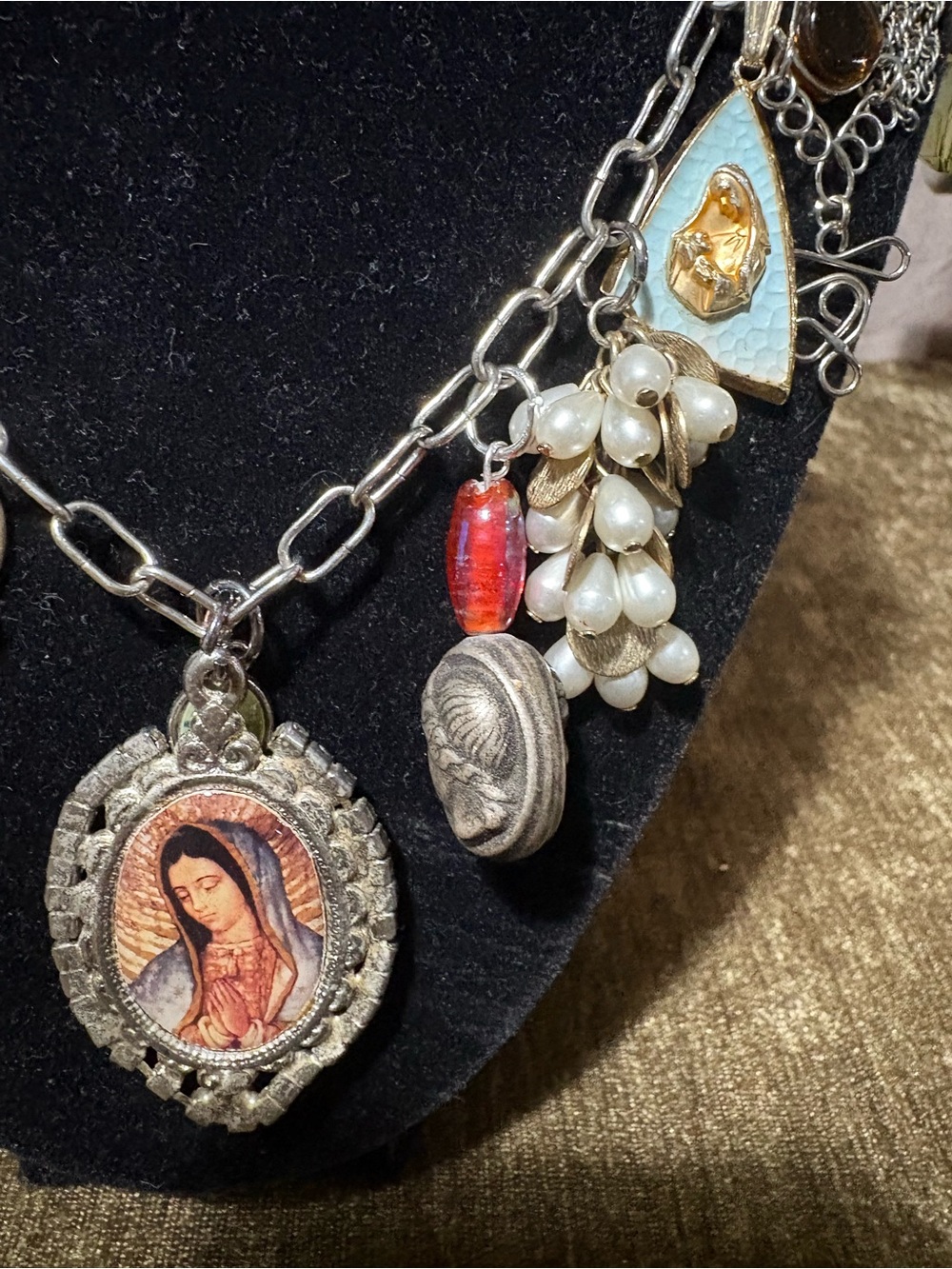 Vtg Upcycled Mother Mary Faith Based Handmade Charm Necklace Artisan Made OOAK - Picture 14 of 14